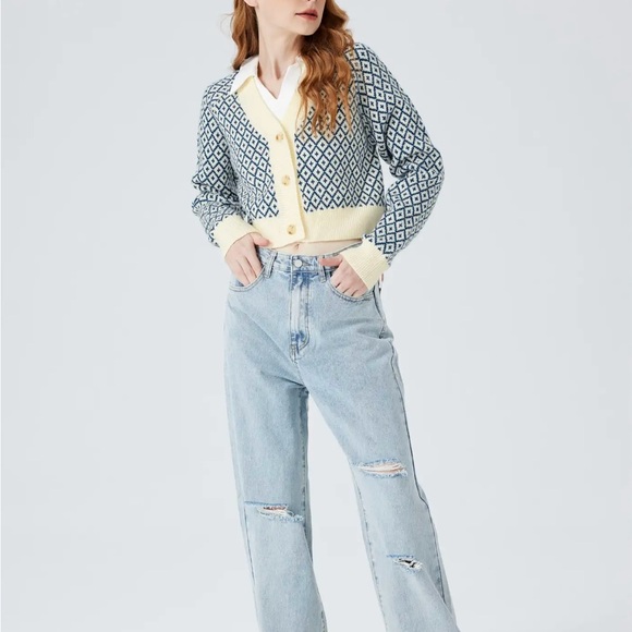 Cider Navy and Cream Diamond Knit Cardigan - Picture 2 of 11